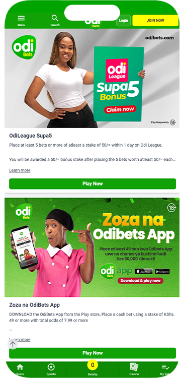 Section for bonuses on the Odibet mobile site.