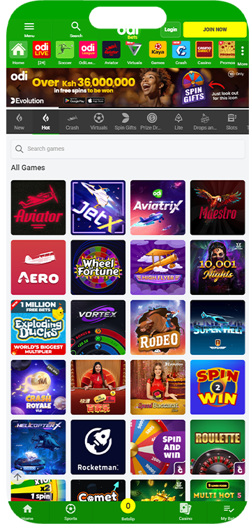 Screen with casino games on the Odibet mobile site.