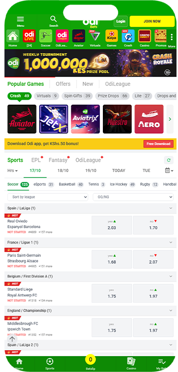The main screen of the Odibet mobile site.